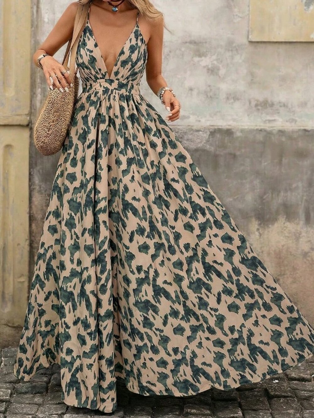Green Boho Sexy Women's Sleeveless V-Neck Maxi Dress
